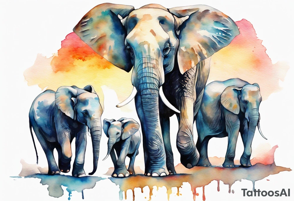 Family of six elephants walking in sunrise tattoo idea