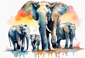 Family of six elephants walking in sunrise tattoo idea