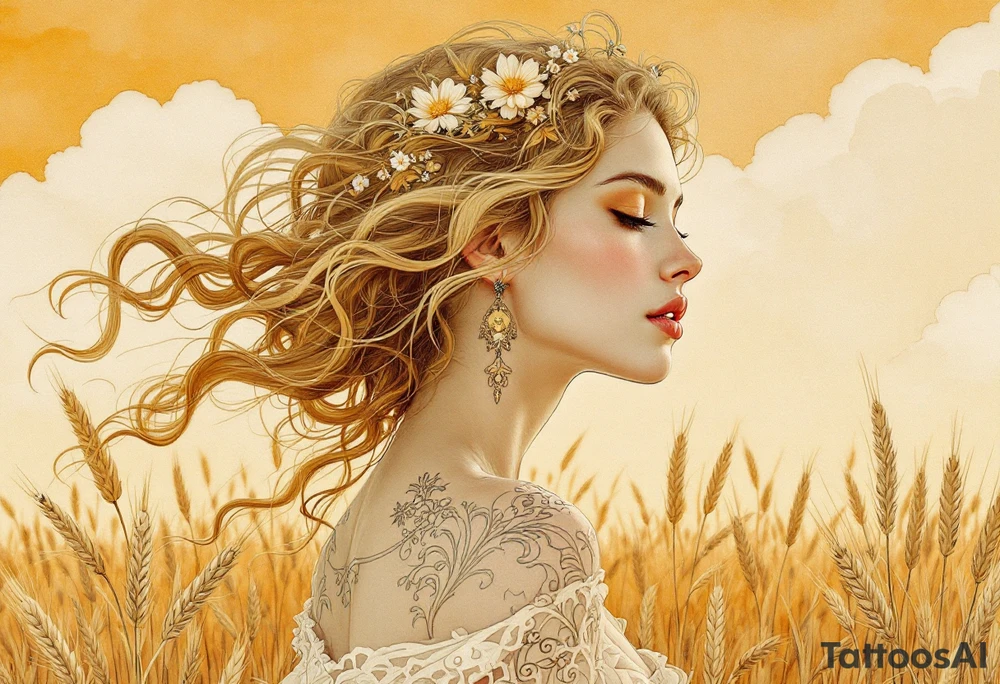 Alfons Mucha’s earthy maiden with honey-blonde waves, captured amid golden wheat and pale terracotta skies. tattoo idea