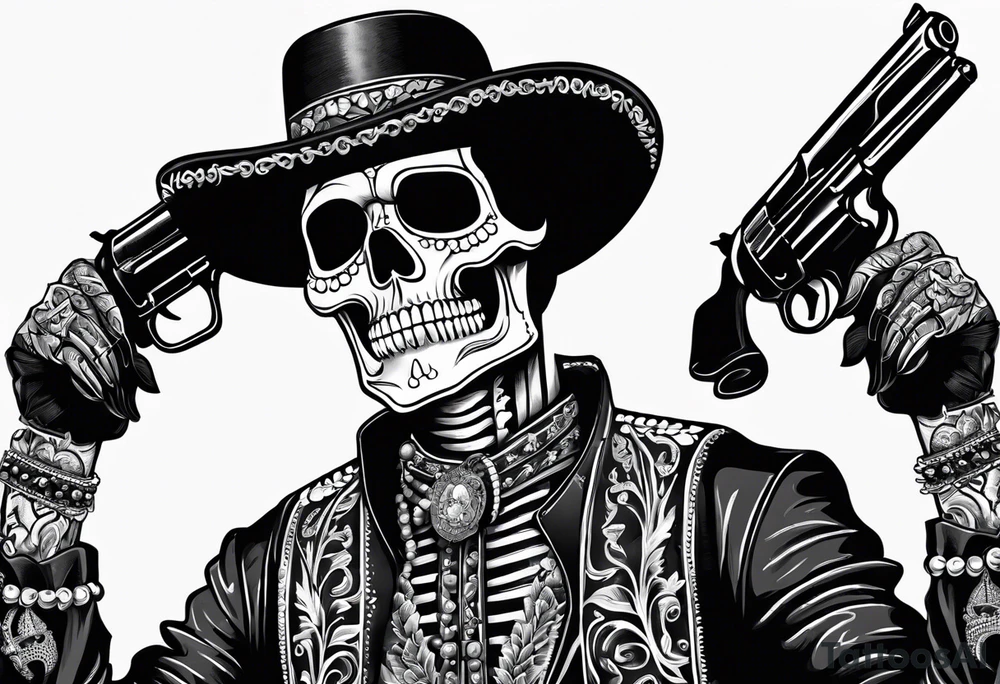 Skeleton charro holding pistols tattoo idea