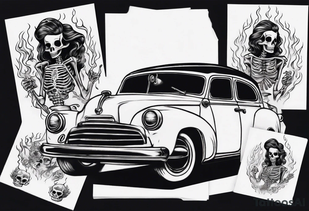 pinup doll driving a old car through flames and skeletons tattoo idea