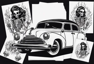 pinup doll driving a old car  through flames and skeletons tattoo idea