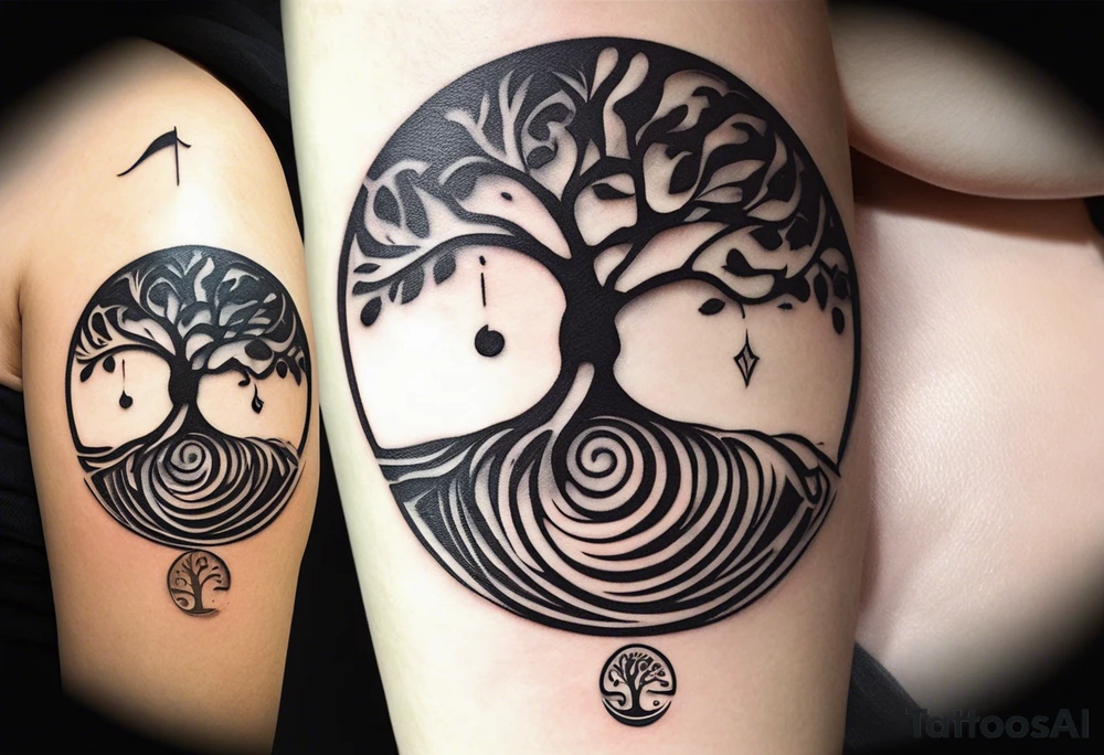 A tattoo design that incorporates the following elements: an abstract tree of life that has roots emerging  from the ground. Waves of water wrap around the tree in a non symmetrical design.  Incorporate musical notes into the tree. the letters U and A are overlapping and engraved into the tree. incorporate a golf ball or golf course symbols like a flag but not prominent. tattoo idea