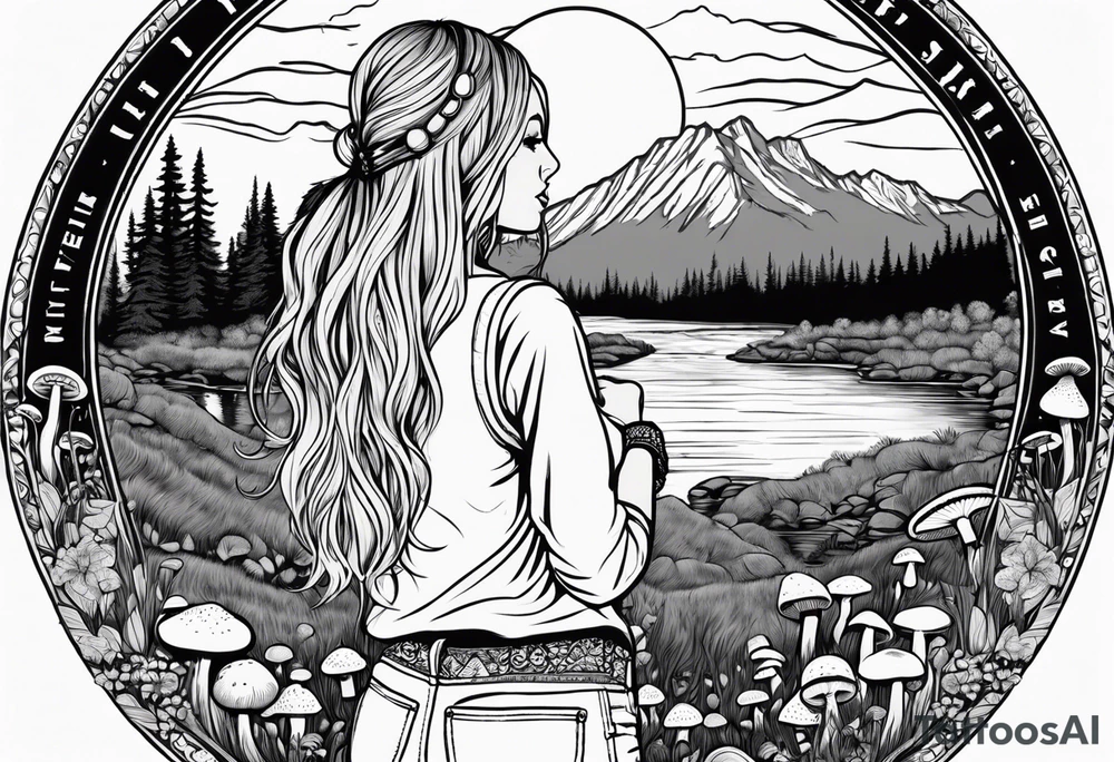 Whole picture encircled fully

Straight long blonde hair hippie girl in distance holding mushrooms in hand facing away toward mountains and creek surrounded by mushrooms long sleeve shirt and hiking pants; whole rendering within a full circle, no cut off circle tattoo idea