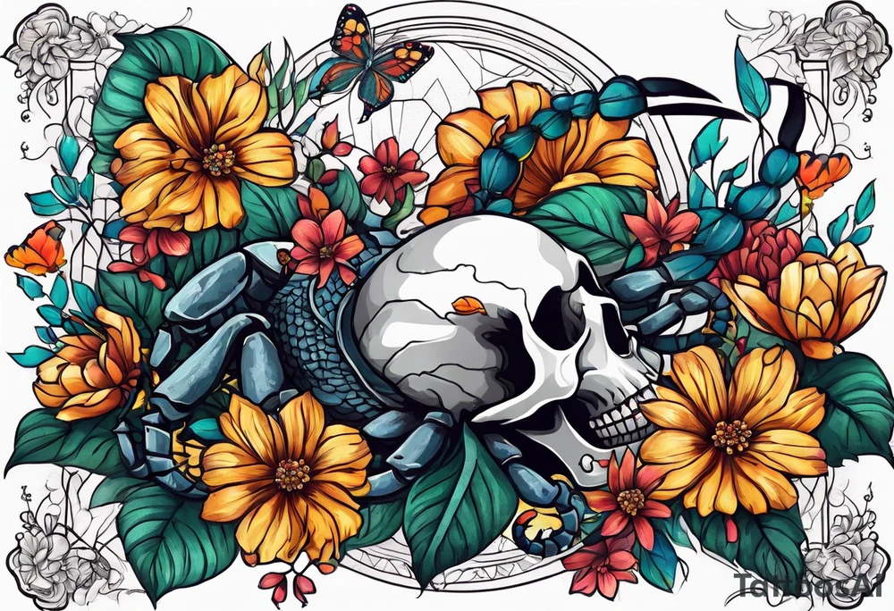 Large scorpion with a skull, flowers, and butterflies tattoo idea