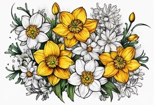 Narcissus, Chrysanthemum,
Cosmos, snow drop that shows all the flower stems for the back of the arm. Fine line. In a flower bouquet that you buy at the store tattoo idea