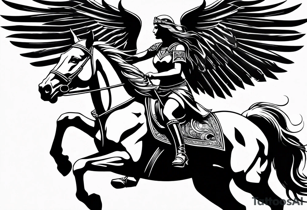 Valkyrie on winged Pegasus, flight, holding spear tattoo idea Valkyrie on winged Pegasus, flight, holding spear tattoo idea