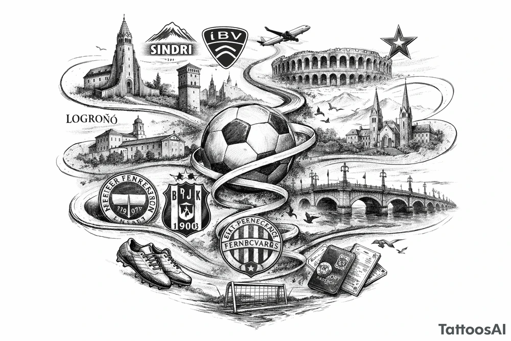 Iceland x3 (sindri, ibv, stjarnan) Italy x2 (Verona, Sassuolo) Spain (Logrono) Turkey x2 (Fenerbahce, Besiktas) Hungary (Fradi) France (Bordeaux) Something to do with football journey, Fine line surreal style tattoo idea