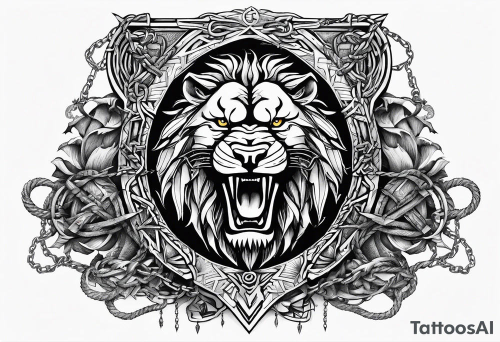 Valhalla sword shield  axe lion dragon 
Valknut barbed wire chains tattoo idea
