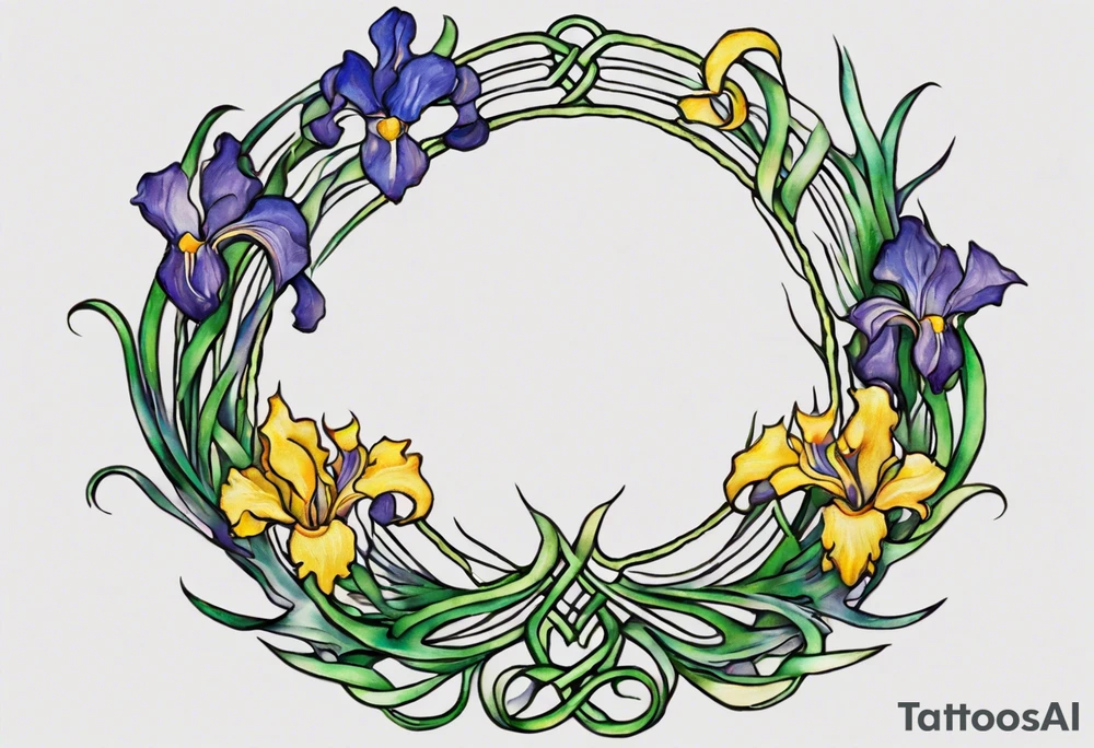 Create a small, colorful Vincent van Gogh Irises tattoo in the form of a crescent, with vines in Celtic knot style gracefully intertwining at a central point in the middle of the wreath. The intended placement is on the upper chest. The middle needs mountains. The overall design should be small in size while maintaining a delicate and artistic aesthetic. Pay attention to the graceful flow of the vines and the placement of the irises to achieve a refined and elegant look. tattoo idea