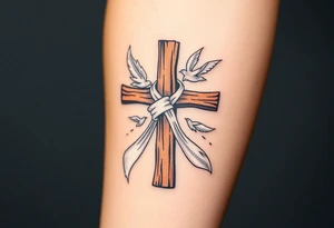 A rustic wooden cross wrapped in a flowing white ribbon, with white dove feathers scattered around. tattoo idea