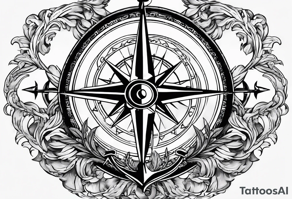 A selucid style anchor in front of a compass with north south east west marked on it and a narrow laurel wreathe wrapped around the compass tattoo idea