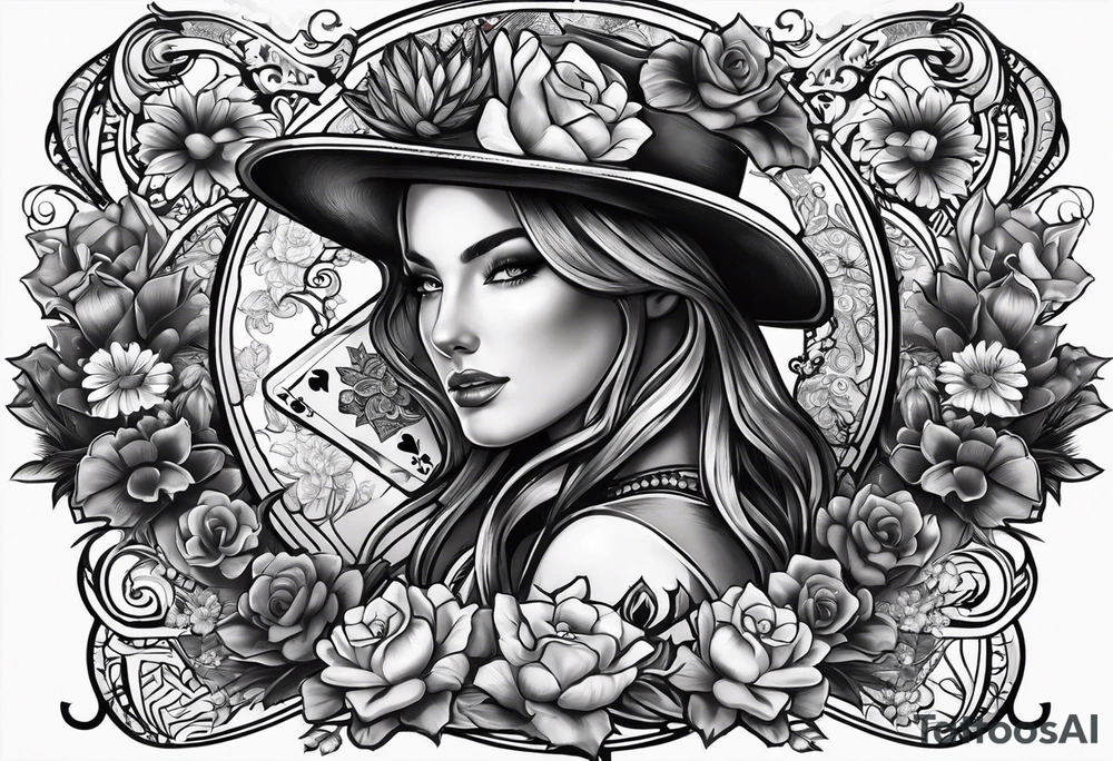 womens western punchy tattoo sleeve with playing cards, horseshoes, cactuses, snakes, and a bull skull with flowers in the background tattoo idea