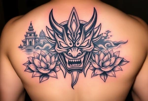 Vicious oni mask with temple in the background and water flowing through it. Lotus flowers. tattoo idea
