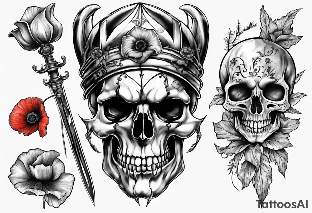 Skull Jester holding sword and poppy tattoo idea