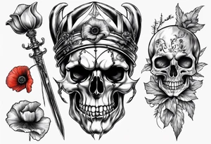 Skull Jester holding sword and poppy tattoo idea