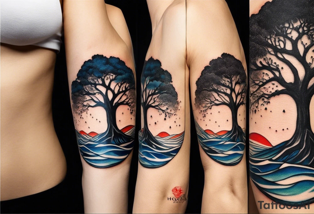 A tattoo of an abstract Tree of Life tattoo to be placed directly on the bicep of a woman. It can wrap around the arm a little. It should have roots growing out of the bottom. The roots slowly turn into water from the Great Wave by Hokusai. A golf flag should be placed discreetly growing out of the ground. 2 license plate tags should be hanging from the tree. Place a few music notes in the areas the leaves should be. The letters A U should be engraving into the tree trunk in a heart. tattoo idea