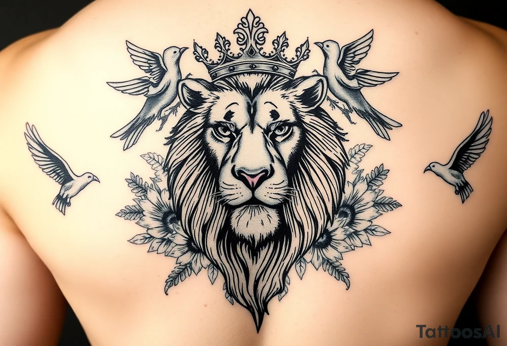 powerful majestic lion with a crown, surrounded by floral ornaments and birds tattoo idea