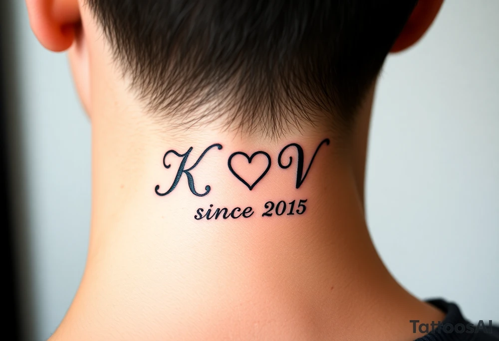 A beautiful calligraphic script of the couple’s initials (K and V), intertwined with a subtle heart-shaped flourish and wedding date (since 2015) tattoo idea