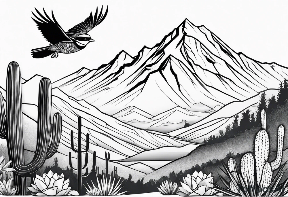 Mountains,  cactus, bird, forearm tattoo idea