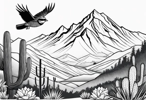 Mountains,  cactus, bird, forearm tattoo idea