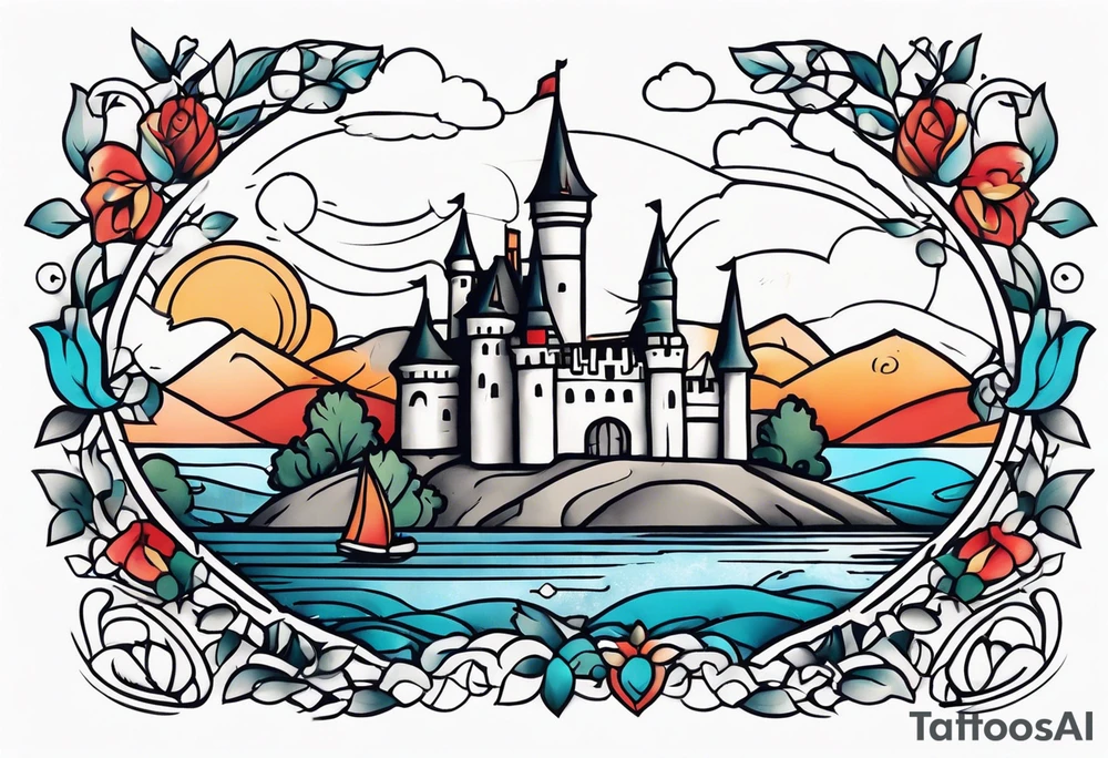 castle vintage tattoo style old school traditional bold color tattoo idea