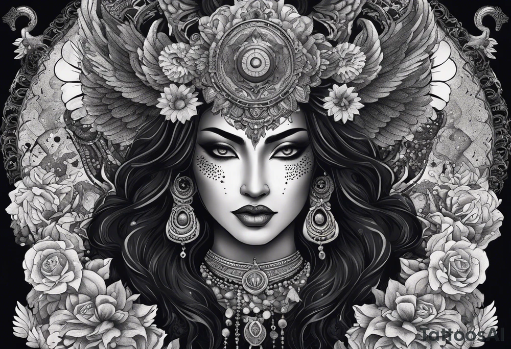 black kali, goddess pirate, alien, angel, pachamama, valkrye, warrior, flying, skull, lotus azul, wing, eagle, zenza resonance, stars, 5D, anahata chakra, death, durga, riding on a tiger, flying lady, kundalini, chest tatoo, samuri, rebel,serpent tattoo idea
