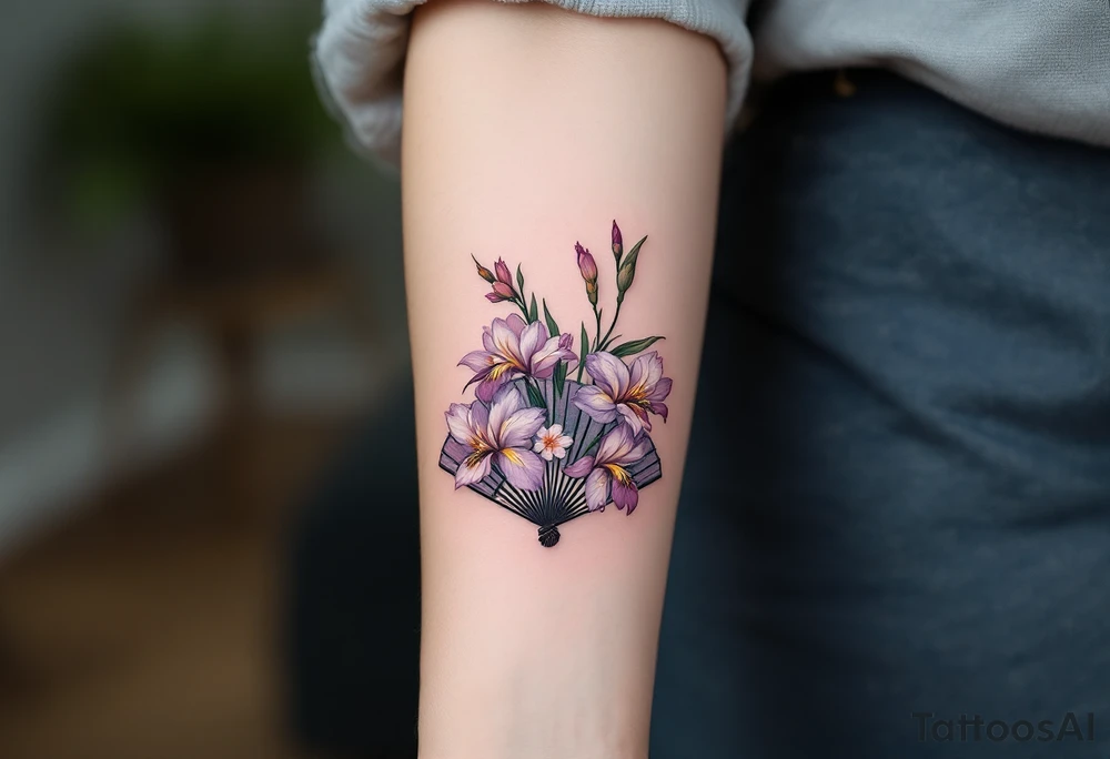 Irises flowers and cherry blossom on a fan tattoo idea