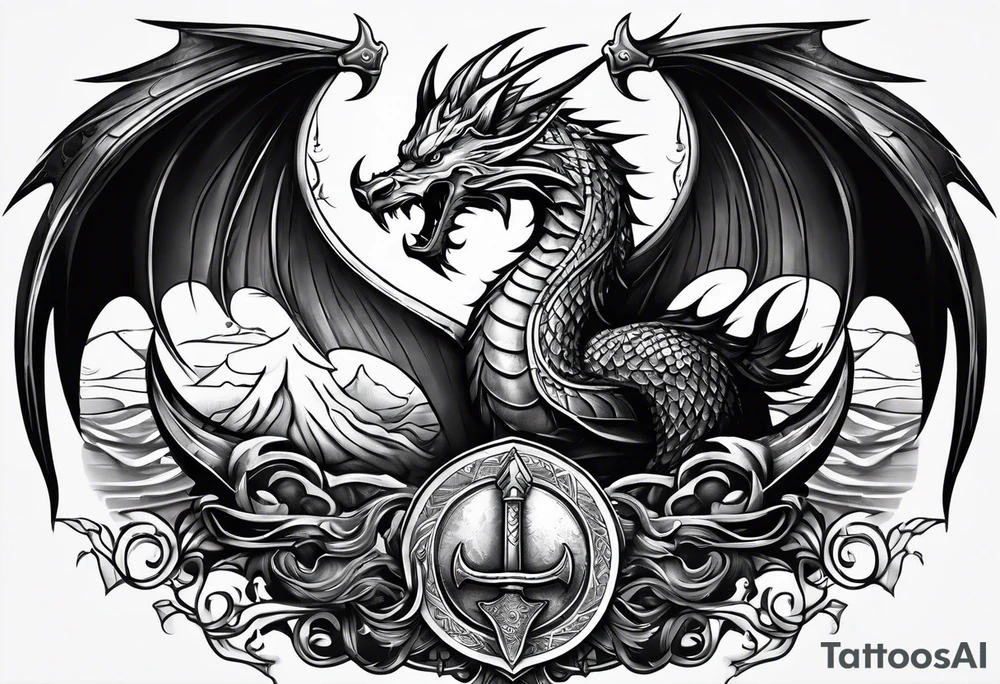 Valhalla sword shield dragon axe viking 
ship tattoo idea