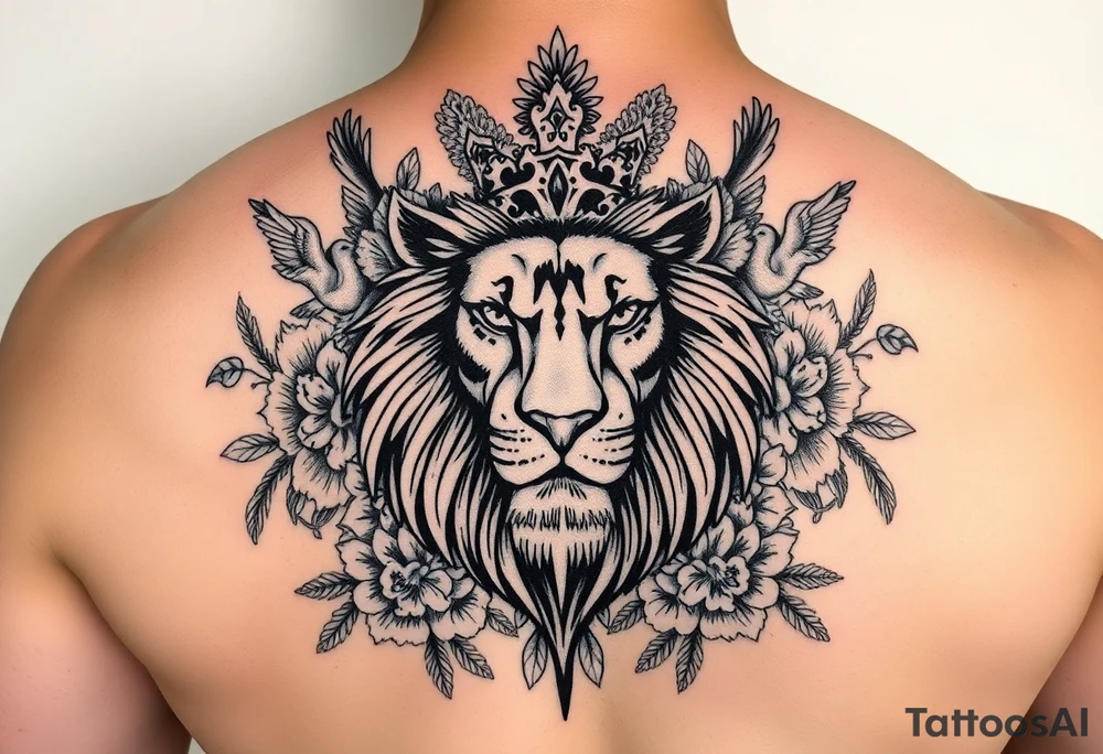 powerful majestic lion with a crown, surrounded by floral ornaments and birds tattoo idea
