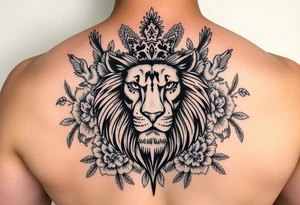 powerful majestic lion with a crown, surrounded by floral ornaments and birds tattoo idea