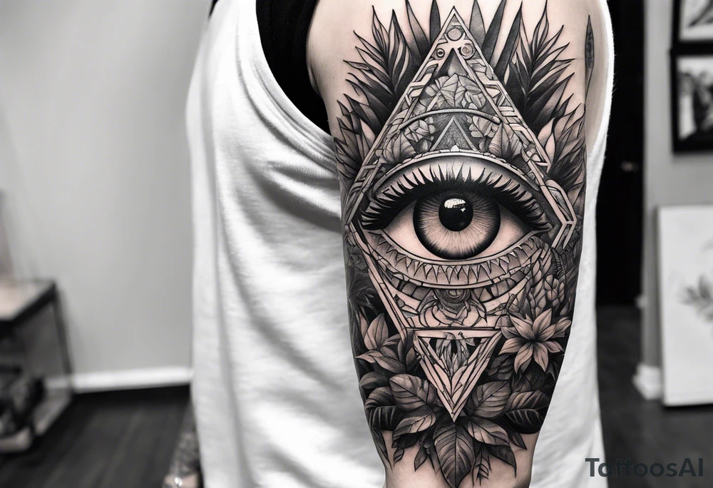 full sleeve tattoo with jungle plants and all-seeing eye tattoo idea