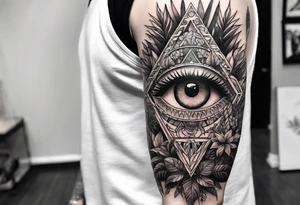 full sleeve tattoo with jungle plants and all-seeing eye tattoo idea