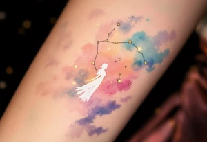The Virgo stars constellation glow in soft gold across a watercolor pastel sky with a white silhouette of the Virgo goddess. tattoo idea