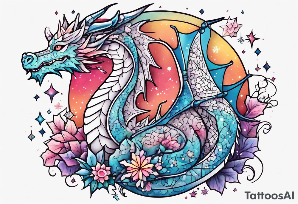 Constellation, kawaii dragon, snowflake tattoo idea