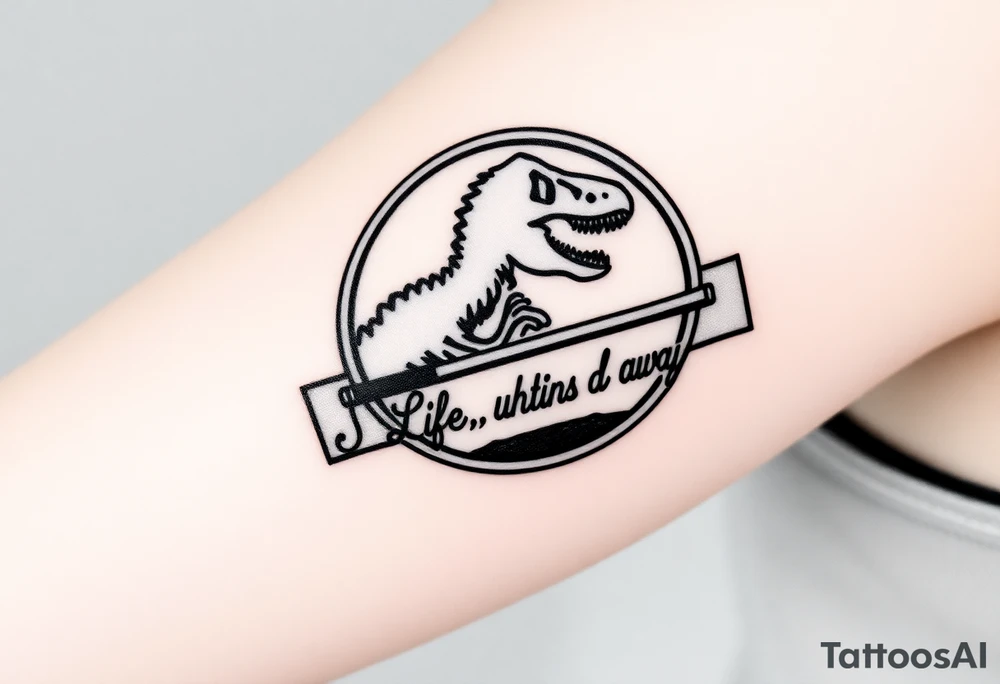 Jurassic Park logo with the dinosaur holding a big stick but with "Life, uh, finds a way" instead of the words "Jurassic Park" tattoo idea