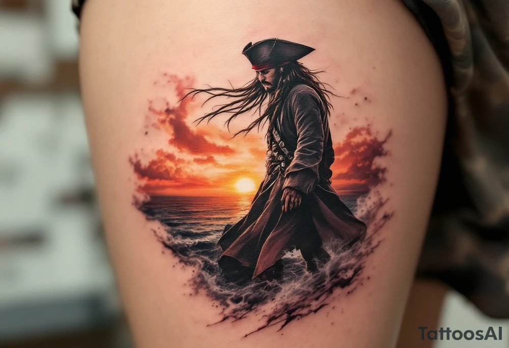 A silhouette of Jack Sparrow standing at the bow of a pirate ship, with the wind blowing through his hair and coat, the sky above him in fiery oranges and reds, representing a sunset over the open sea. tattoo idea