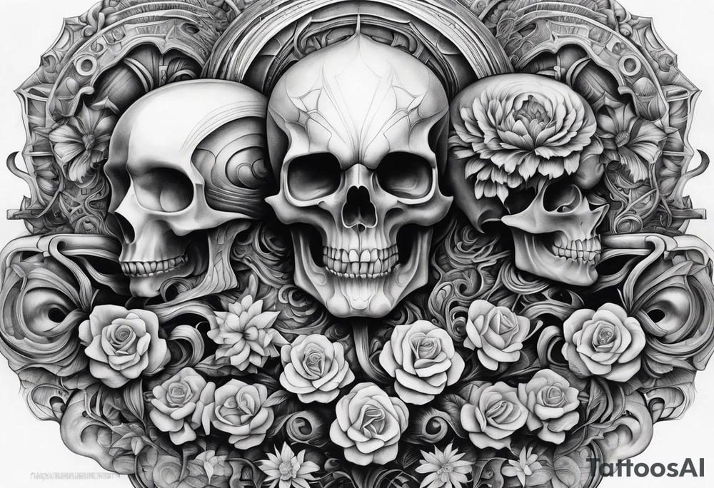H.R. Giger mean skulls, water flow shapes, geometric shapes, flowers tattoo idea