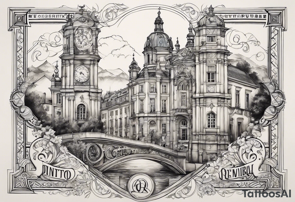 Create a tattoo design that symbolizes the connection between a family spread across Portugal and Germany, with a central figure who travels between the two. Incorporate elements representing both countries' cultures and landmarks, linked by a path or journey motif. The design should evoke feelings of unity, distance, and the bond of family. tattoo idea
