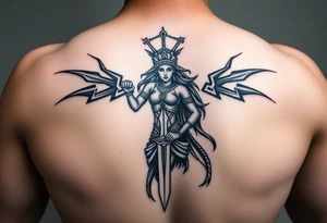 Greek goddess warrior with dagger and realistic lighting bolts going around body Greek mythology style with dark shading tattoo idea