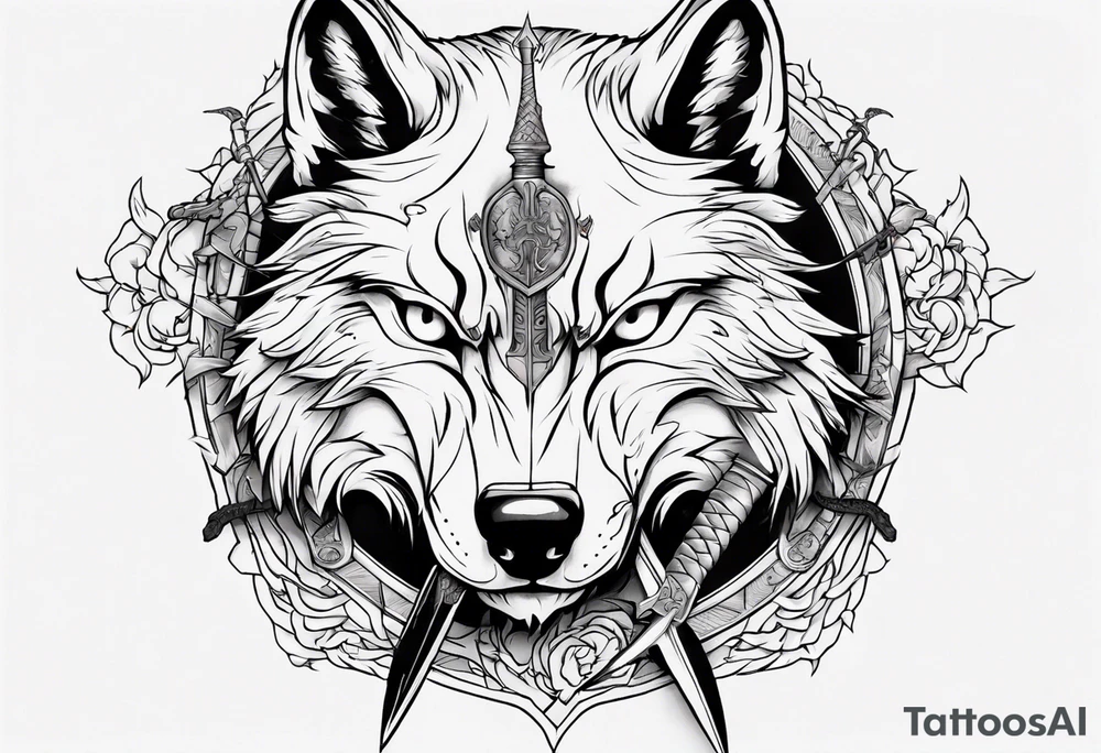 wolf head with a sword in the background tattoo idea