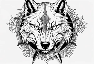 wolf head with a sword in the background tattoo idea