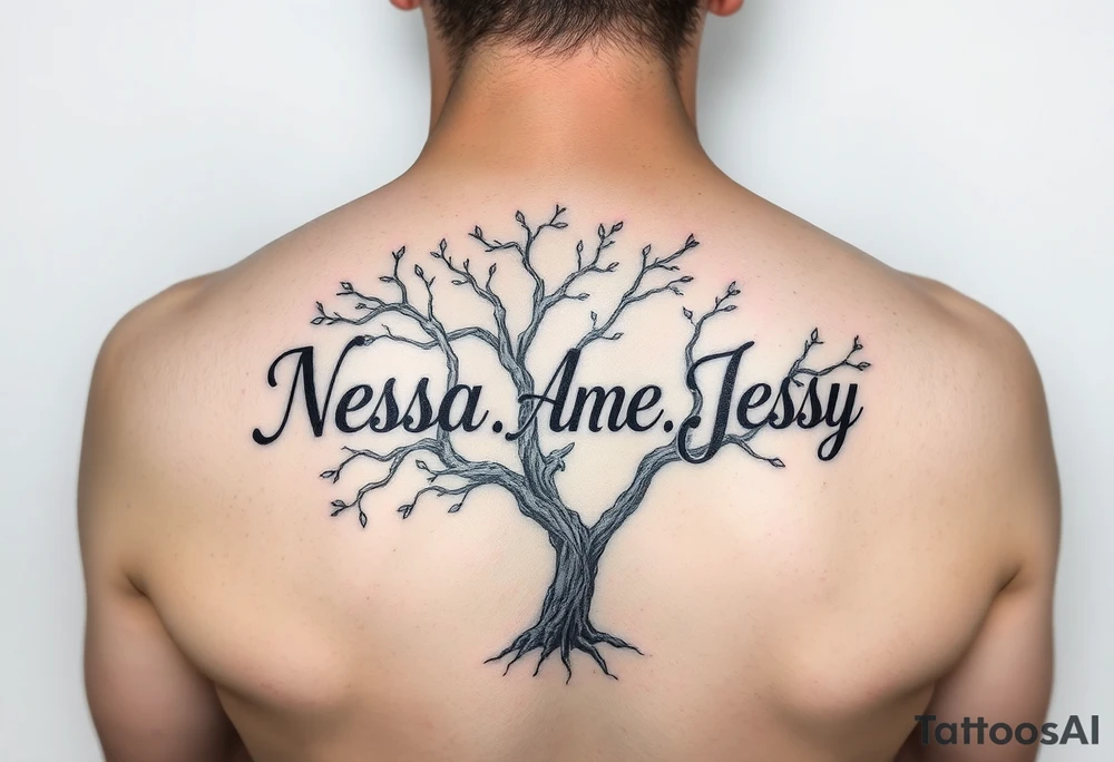 the name Nessa, Anne, Jessy in a live tree tattoo idea