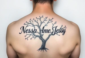 the name Nessa, Anne, Jessy in a live tree tattoo idea