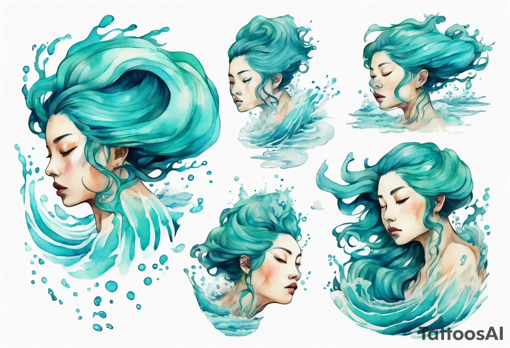a woman made out of water emerging from the sea, turquoise hair tattoo idea
