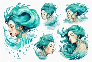 a woman made out of water emerging from the sea, turquoise hair tattoo idea