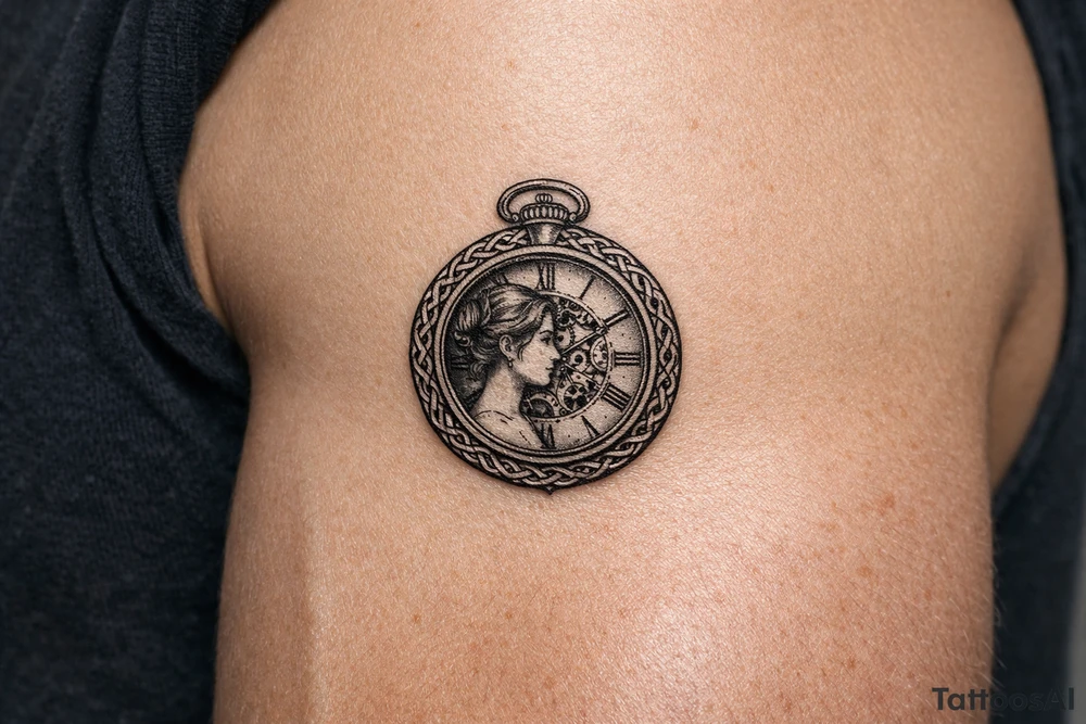 Victorian pocket watch, Margo's profile, intricate clockwork, woven knot border. tattoo idea