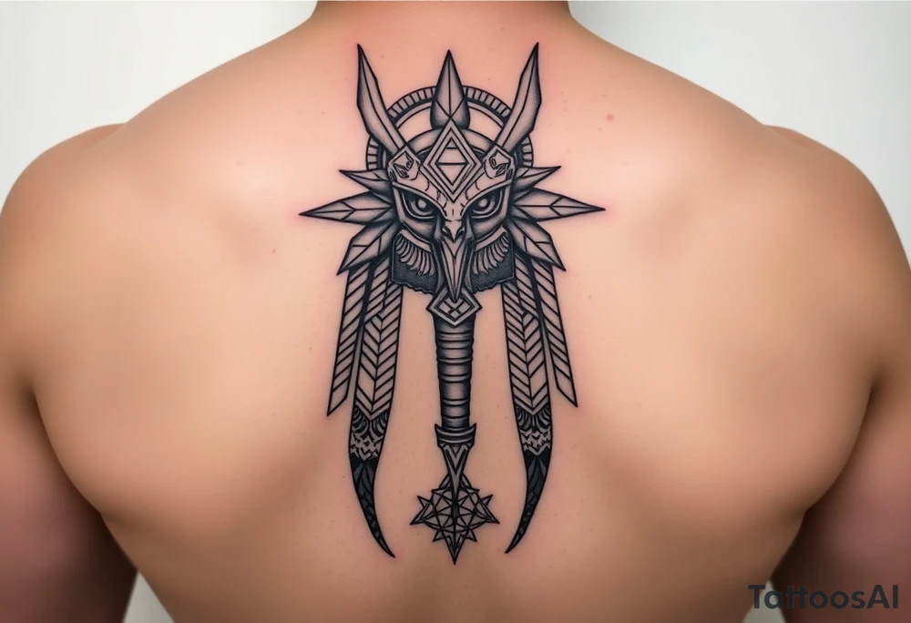 "Anubis as gold ufo 3 eyes

Style: sacral geometry blackwork. Thigh/calf placement." tattoo idea