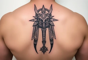"Anubis as gold ufo 3 eyes

Style: sacral geometry blackwork. Thigh/calf placement." tattoo idea