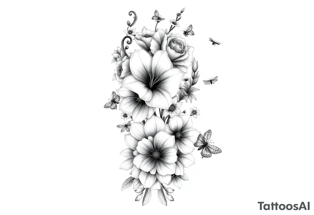 Calia Lily, rose, gadiolus, carnation,Narcissus,poppy, aster, violet ,chrysanthemum, lily of the valley and water lily sleeve on upper arm and shoulder  with bumblebees  and dragonflies on skin tattoo idea